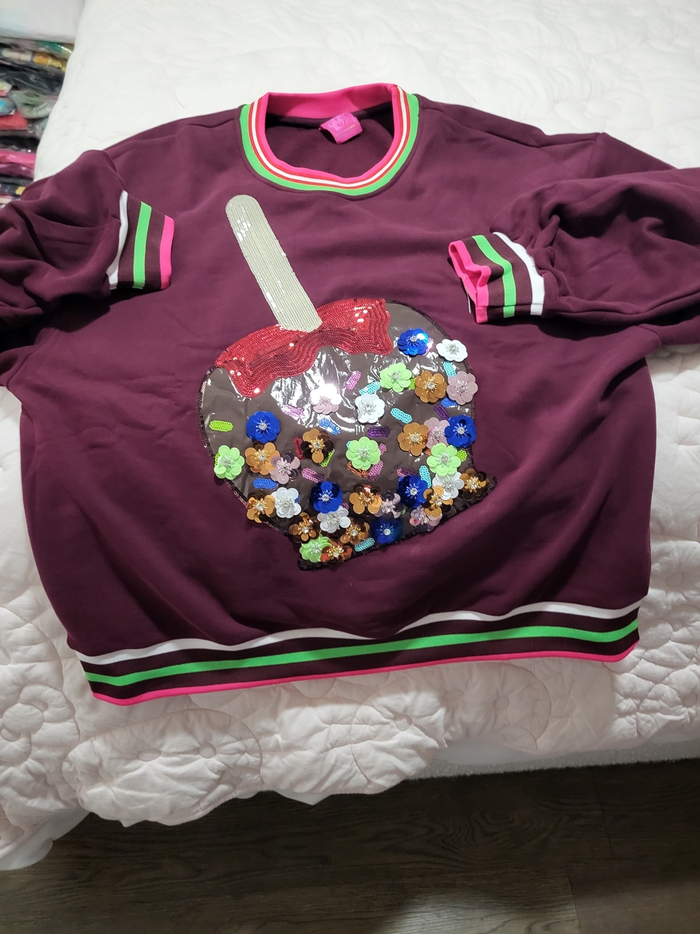 Queen Of Sparkles Sequin Candy Apple Sweatshirt - Burgundy